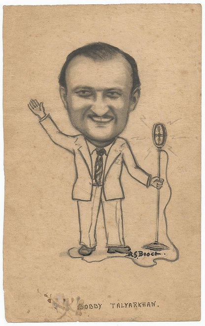 Cricket India 1940s  sketch by cartoonist R Booch of Bobby Talyarkhan Ӝ