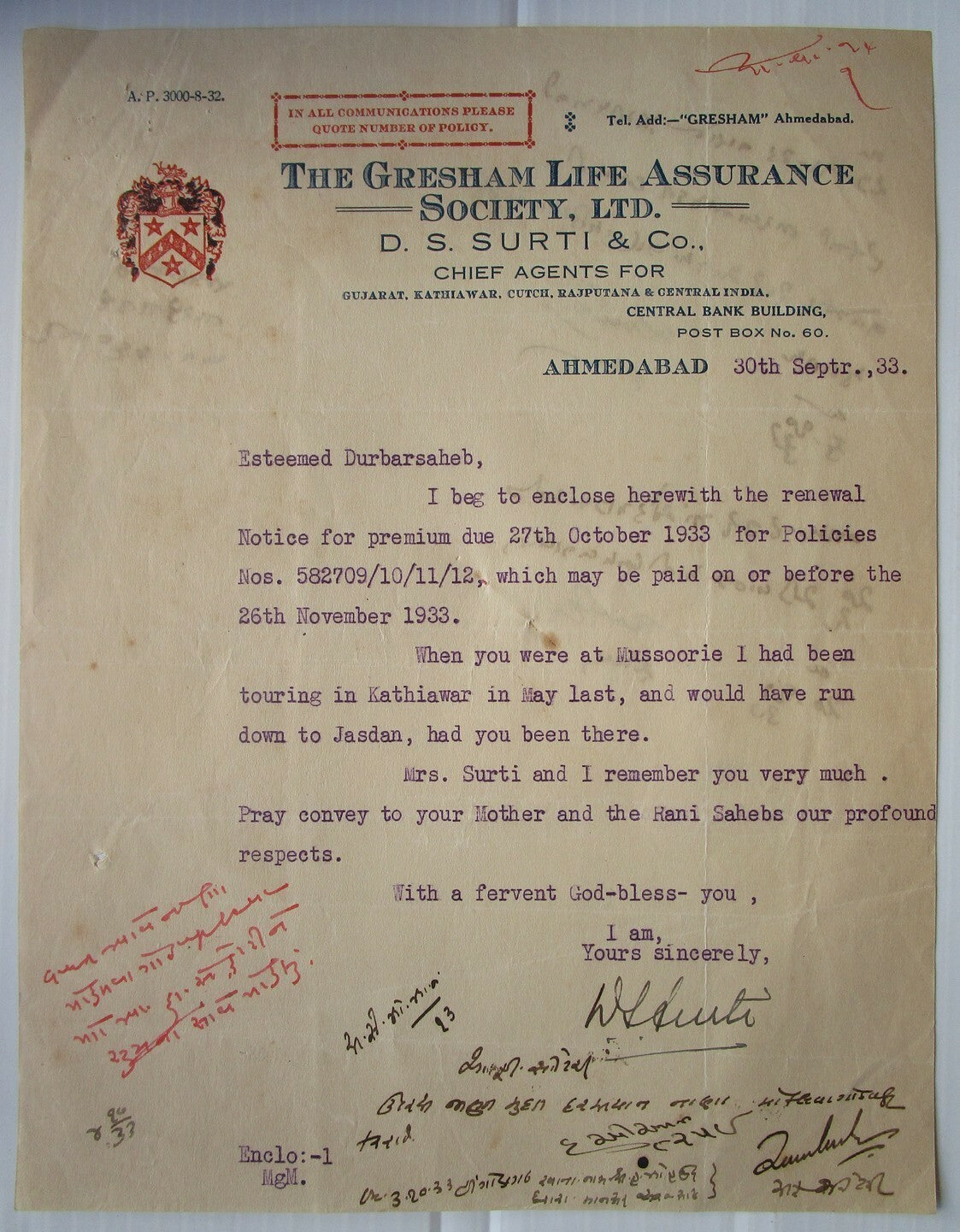 India 1933 The Gresham Life Assurance Letterhead