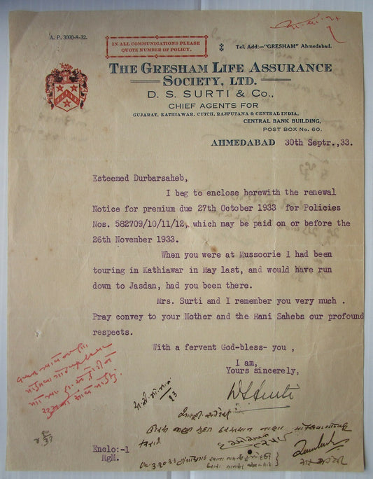 India 1933 The Gresham Life Assurance Letterhead
