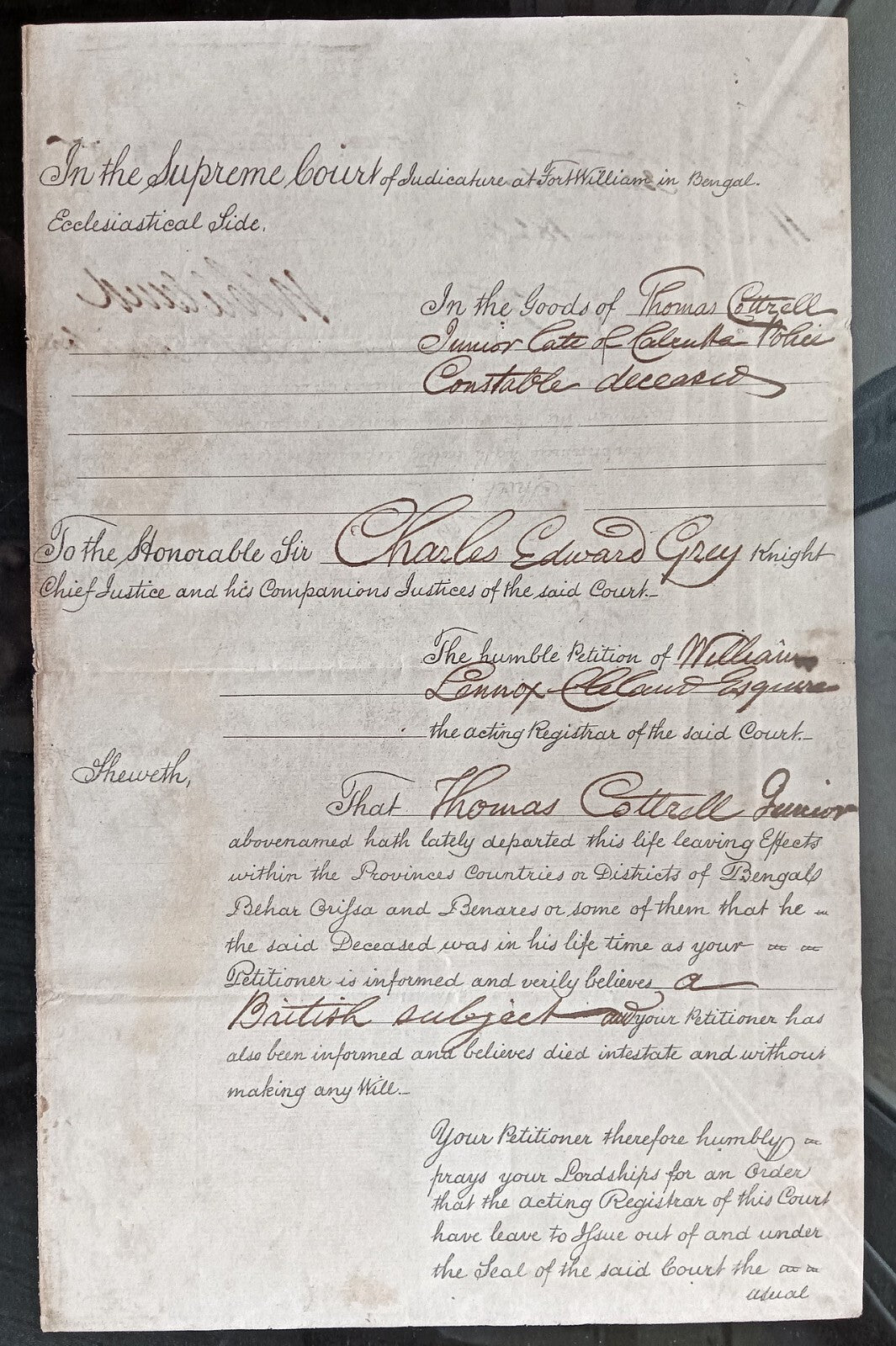 India King George IV 1826 Fort William, Calcutta 2 page document