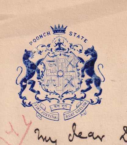 India POONCH STATE crested letterhead re:hunting signed by Raja Baldeo Singh
