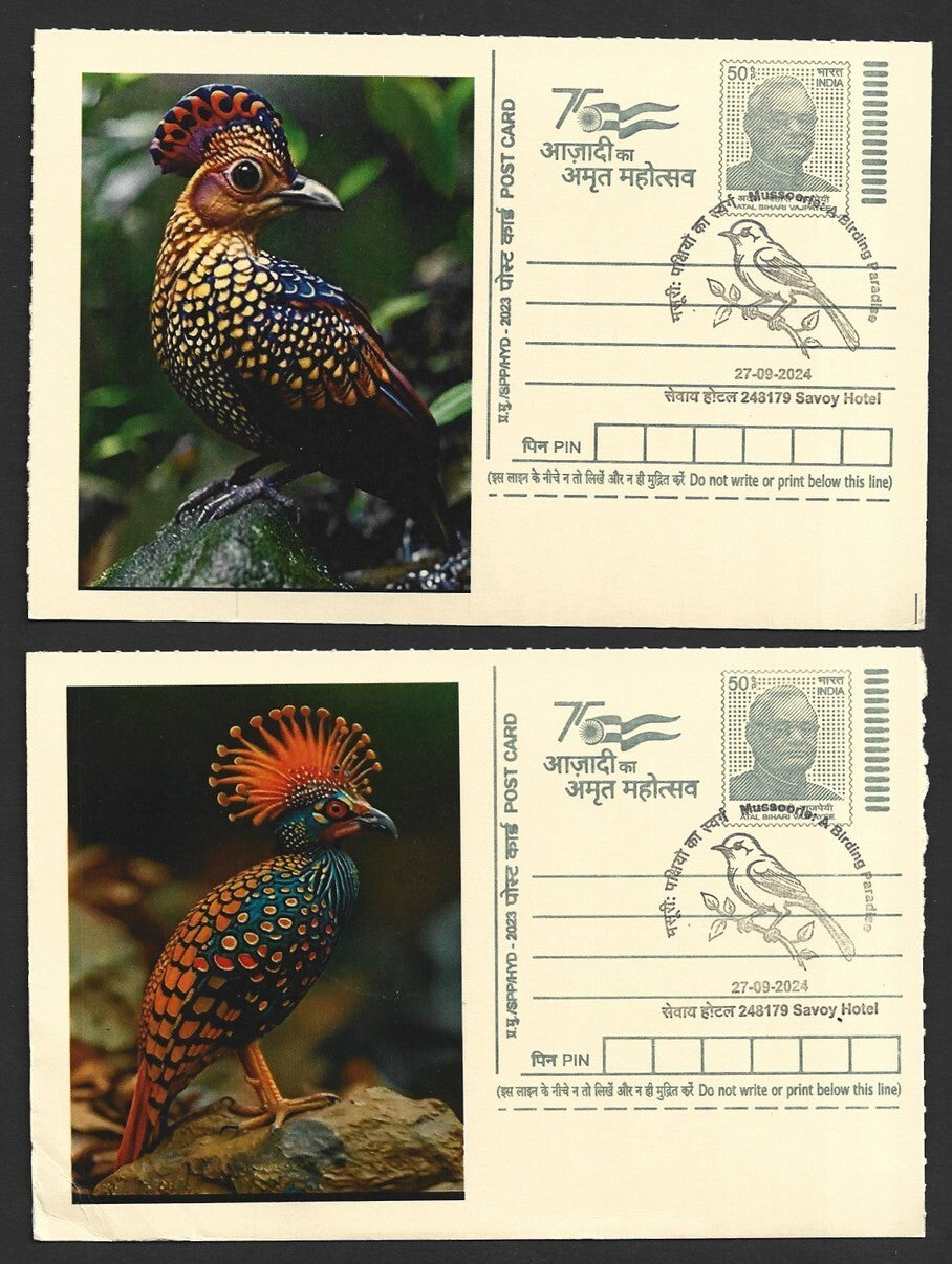India 2024 Birding Paradise Savoy Hotel postmarks on cards PEACOCKS (15)