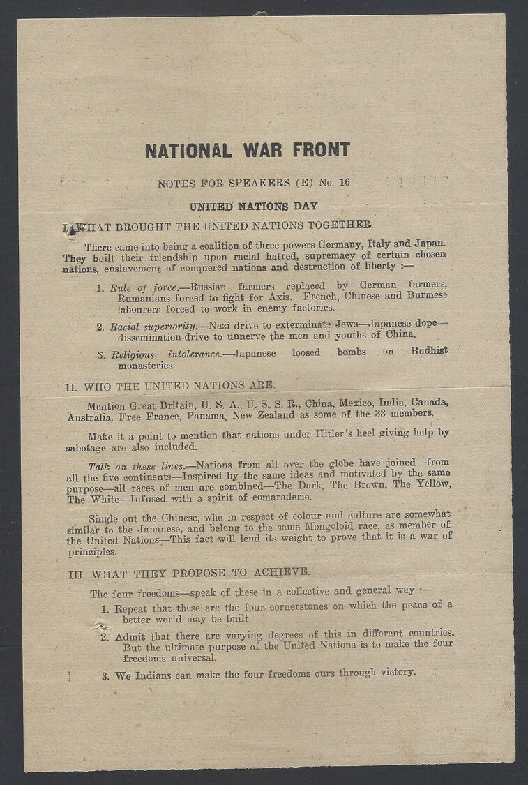 AOP India WW2 propaganda Notes for Speakers # 16 leaflet