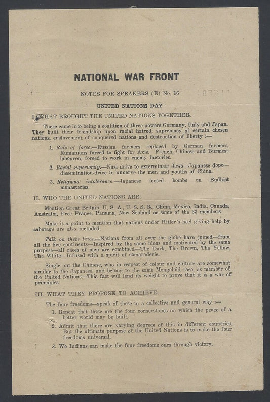 AOP India WW2 propaganda Notes for Speakers # 16 leaflet