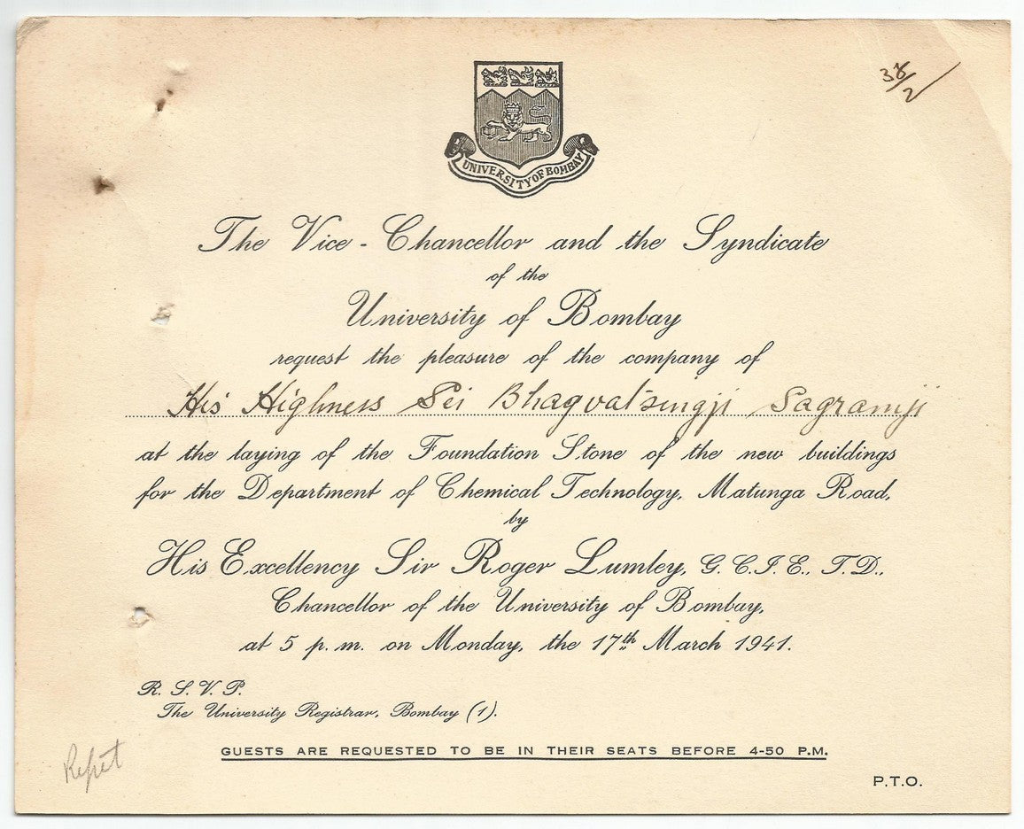 India 1941 University of Bombay crested invitation with map