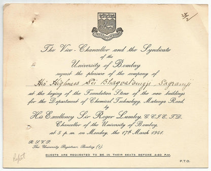 India 1941 University of Bombay crested invitation with map