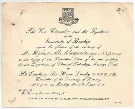 India 1941 University of Bombay crested invitation with map