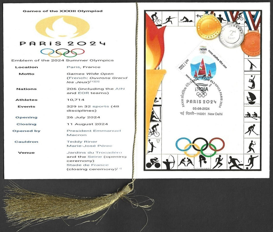 India 2024 Paris Olympics souvenir with 2024 Paris, France Olympics cachet