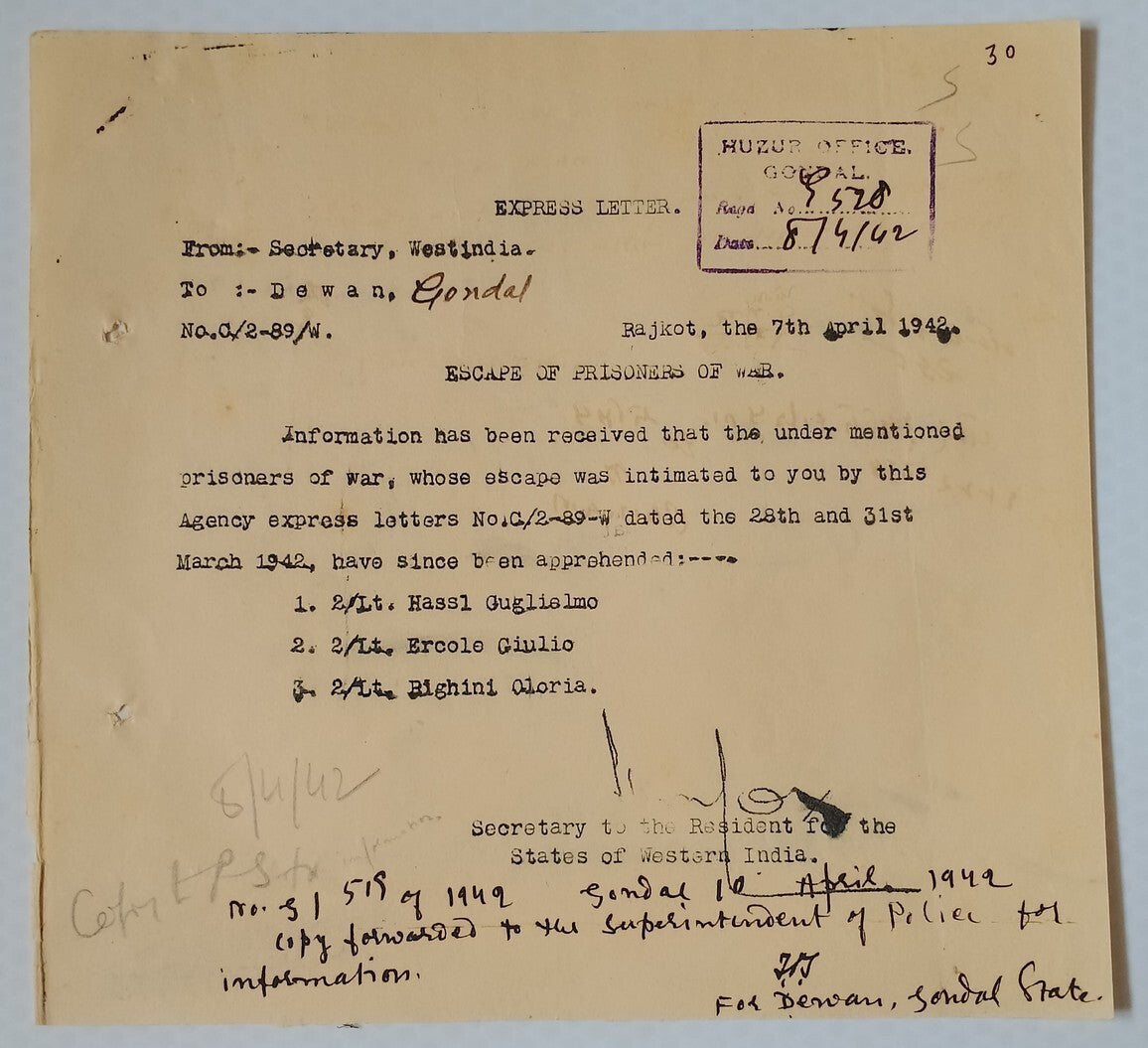 AOP India WW2 1942 Official letter ESCAPE OF ITALIAN PRISONERS OF WAR