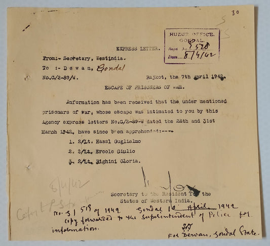 AOP India WW2 1942 Official letter ESCAPE OF ITALIAN PRISONERS OF WAR