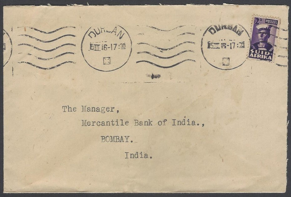 AOP South Africa 1943 bantam 2d single franking cover Durban to India