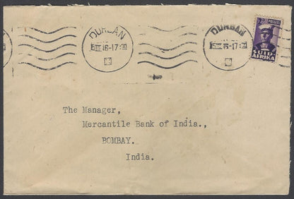 AOP South Africa 1943 bantam 2d single franking cover Durban to India