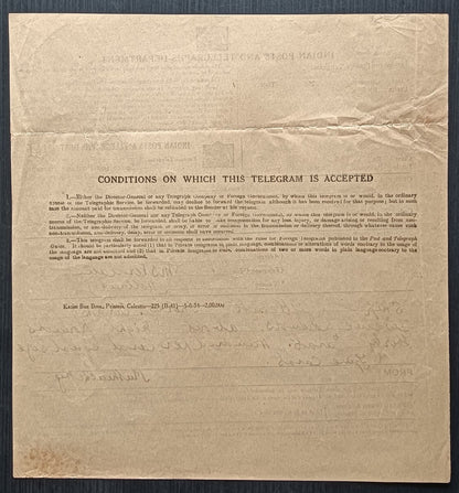 India 1934 FOREIGN TELEGRAM unsubmitted with both halves complete