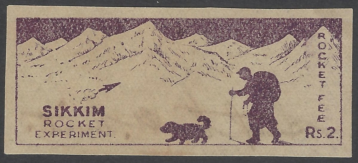 AOP India Sikkim Rocket Experiment ROCKET FEE Rs.2 violet label sd Stephen Smith