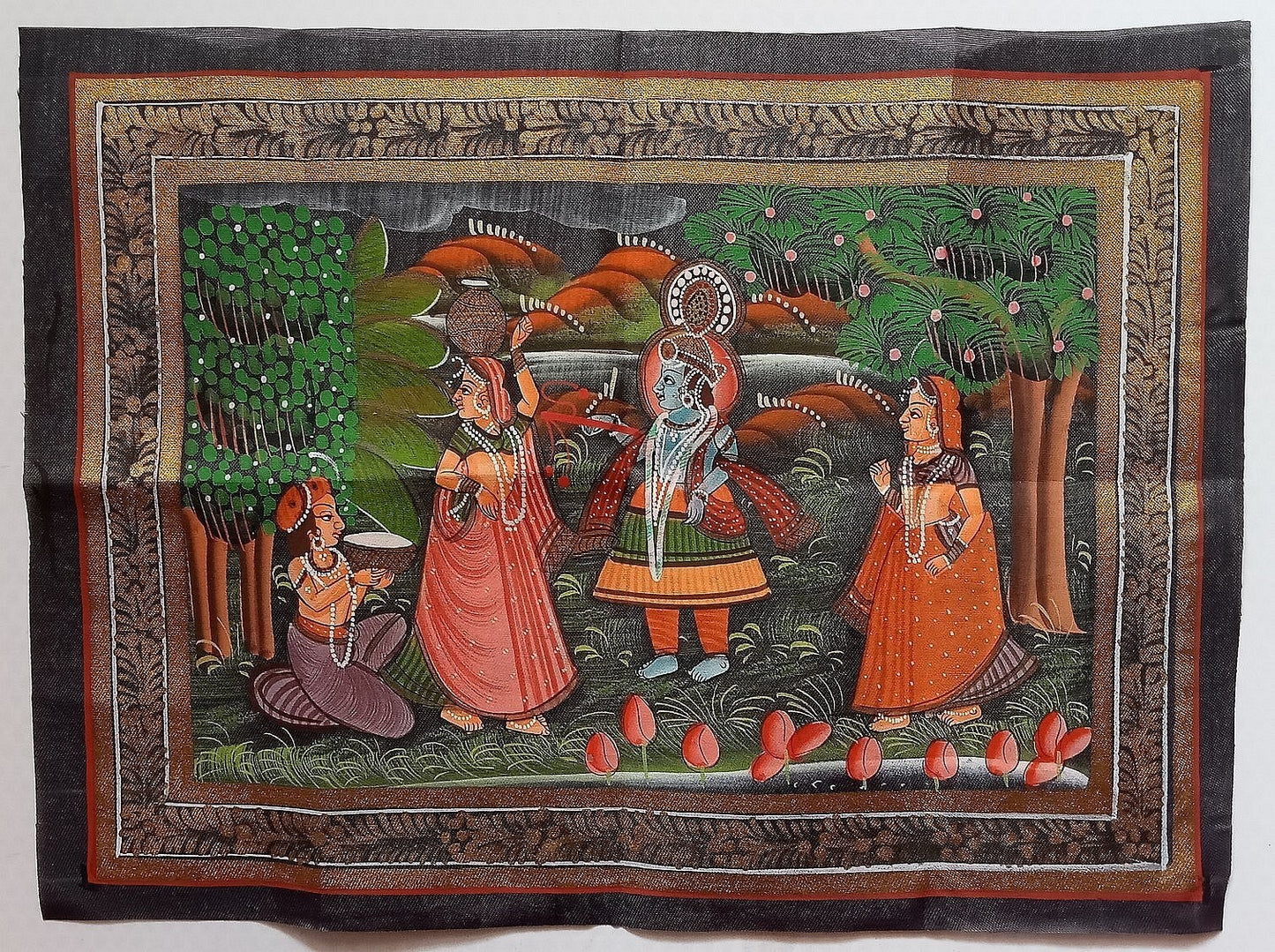India vintage hand painting on cloth RADHA & KRISHNA 9 x 12 inches