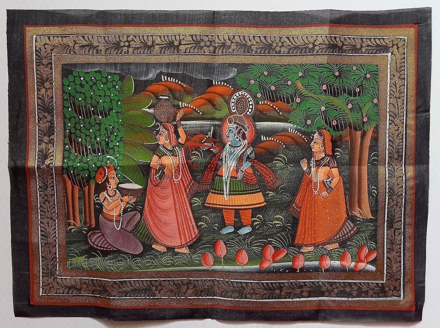 India vintage hand painting on cloth RADHA & KRISHNA 9 x 12 inches