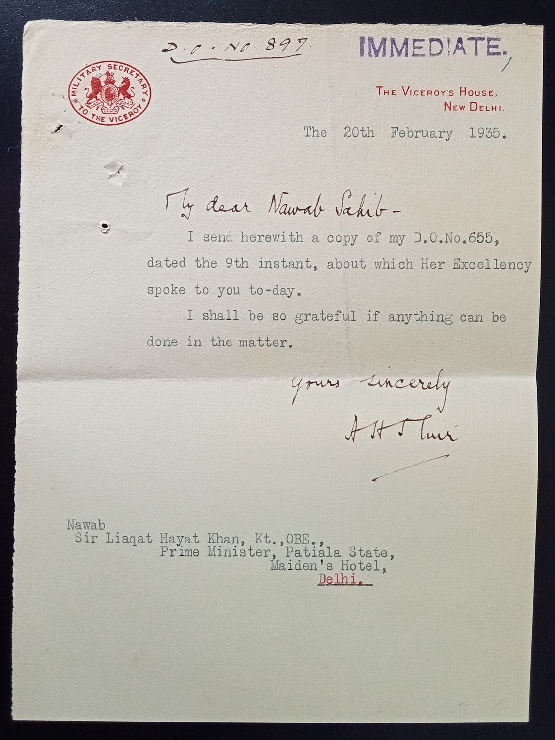 India 1935 crested letter MILITARY SECRETARY TO THE VICEROY/THE VICEROY'S HOUSE