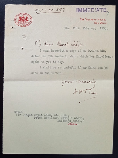 India 1935 crested letter MILITARY SECRETARY TO THE VICEROY/THE VICEROY'S HOUSE
