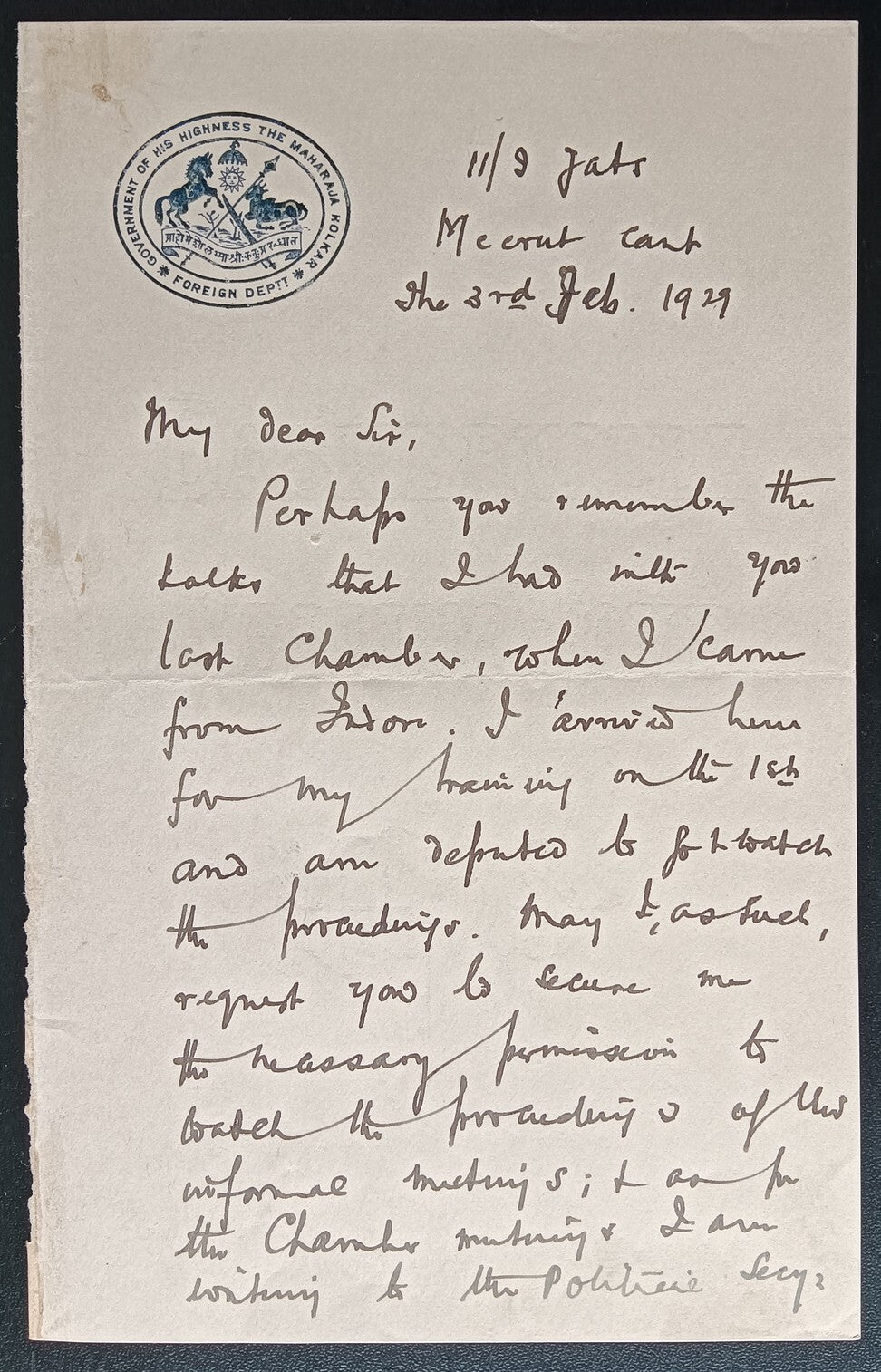 India 1929 letter GOVERNMENT OF HIS HIGHNESS THE MAHARAJA HOLKAR/FOREIGN DEPT