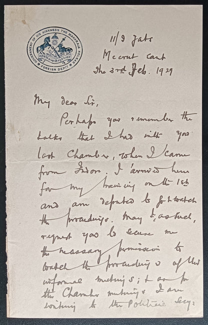 India 1929 letter GOVERNMENT OF HIS HIGHNESS THE MAHARAJA HOLKAR/FOREIGN DEPT
