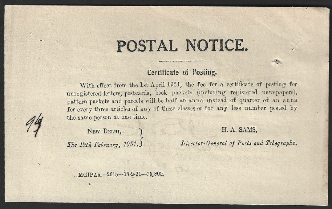 India POSTAL NOTICE 19th Feb. 1931 Certificate of Posting