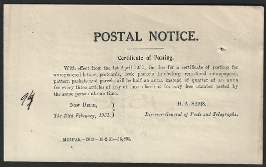 India POSTAL NOTICE 19th Feb. 1931 Certificate of Posting