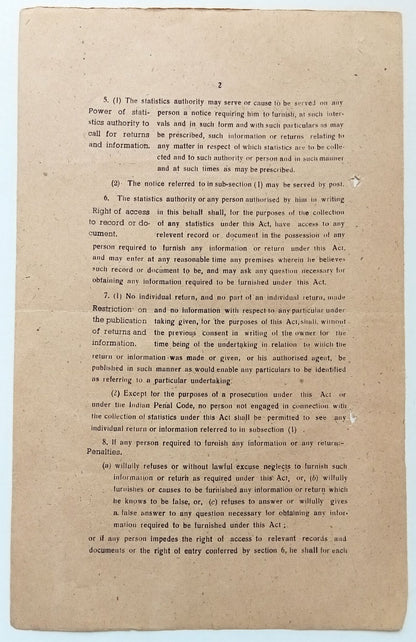 India 1946 INDUSTRIAL STATISTICS ACT signed by Amar Singh MAHARAJA of WANKANER