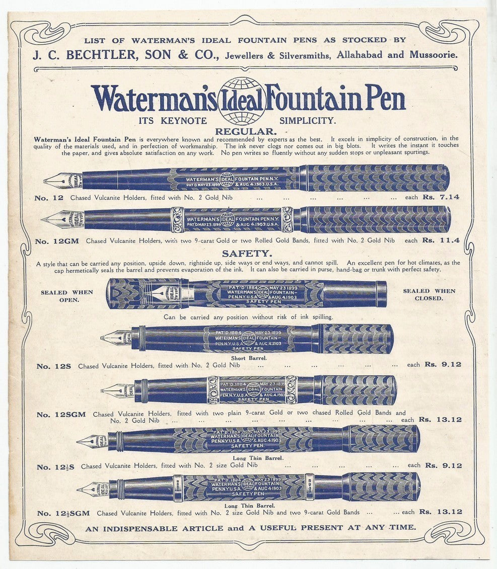India 1930s-40s illustrated advertisement Waterman’s Fountain Pens