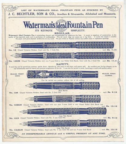 India 1930s-40s illustrated advertisement Waterman’s Fountain Pens