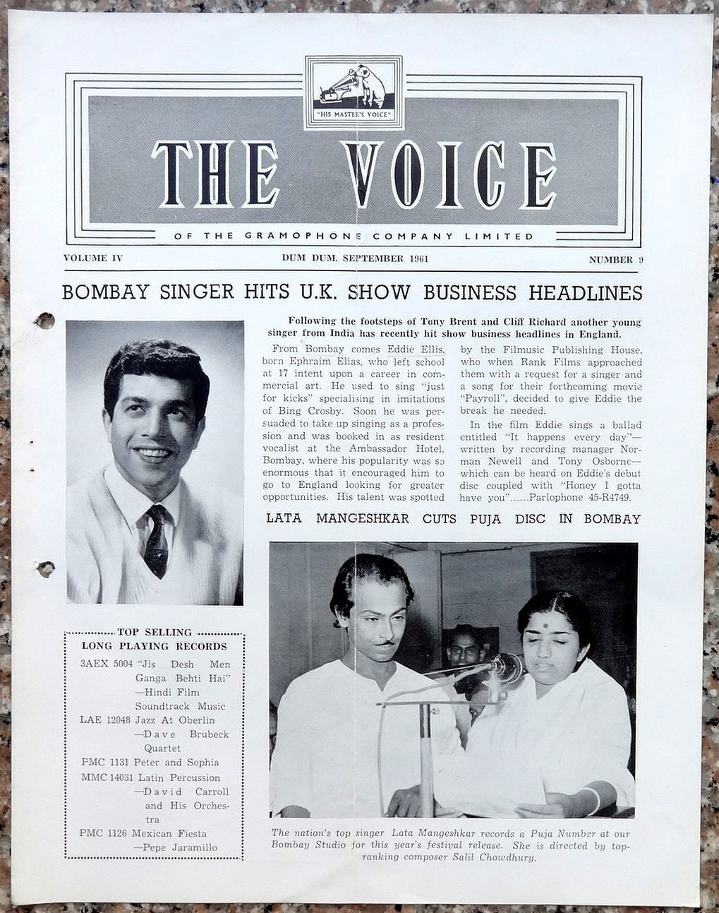 India THE VOICE September 1961 HMV Magazine - EDDIE ELLIS of Bombay