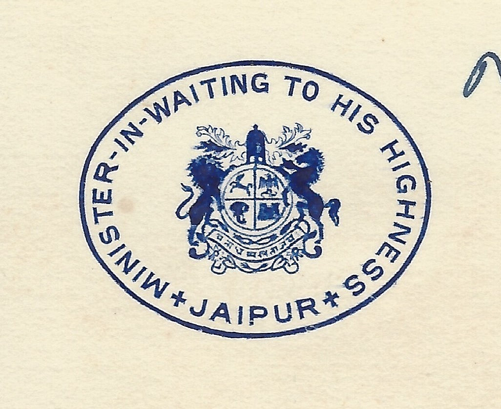 India 1947 crested letterhead MINISTER IN WAITING TO HIS HIGHNESS JAIPUR