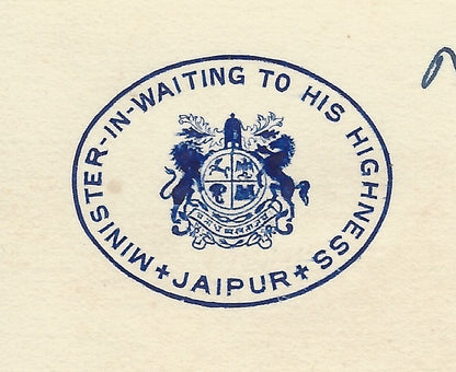 India 1947 crested letterhead MINISTER IN WAITING TO HIS HIGHNESS JAIPUR