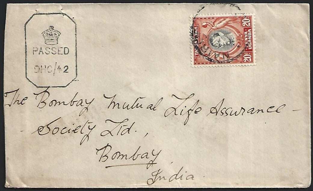 Kenya Uganda Tanganyika WW2 KGVI censored cover NAIROBI to India