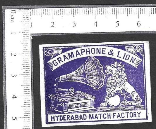 India VINTAGE matchbox label GRAMAPHONE & LION by Hyderabad Match Factory