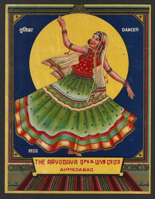 India vintage textile large label The Aryodaya, Ahmedabad - DANCER