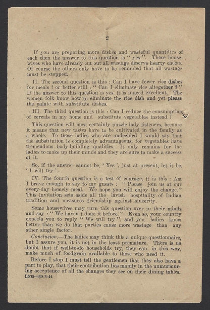 India WW2 National War Front Propaganda QUESTIONAIRE FOR WOMEN FOLK