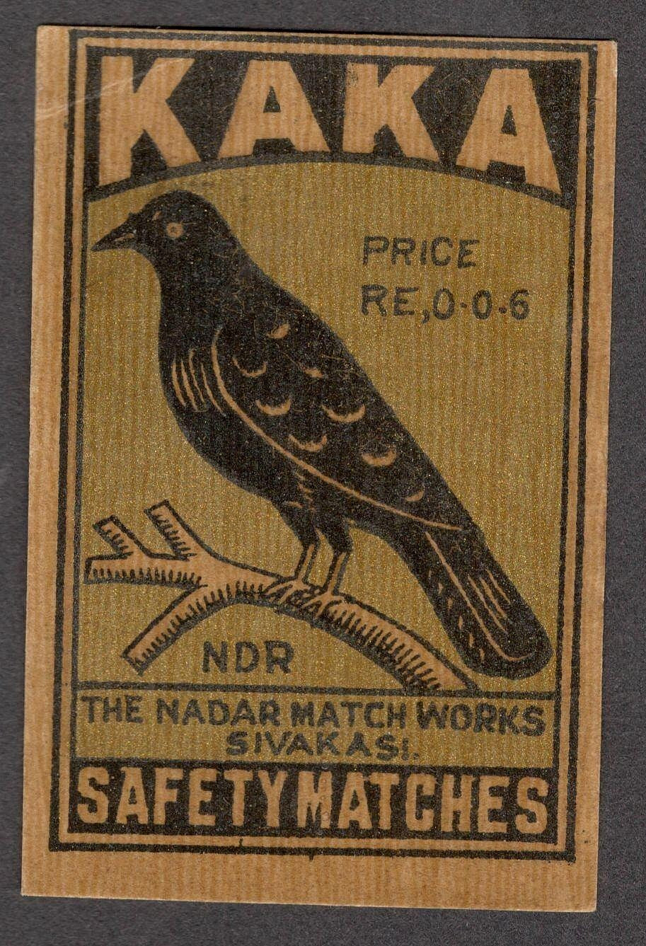 India vintage large matchbox label - KAKA (Bird)