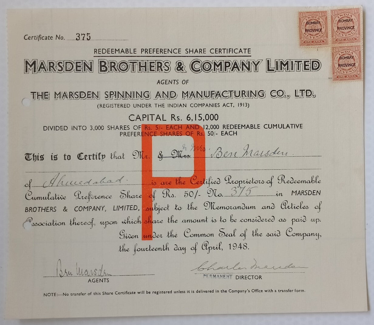 (AOP) India share certificate - 1948 MARSDEN BROS. & CO. LTD.