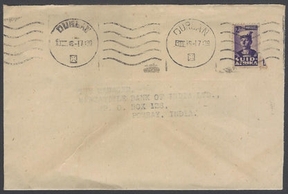 AOP South Africa 1943 bantam 2d single franking cover Durban to India