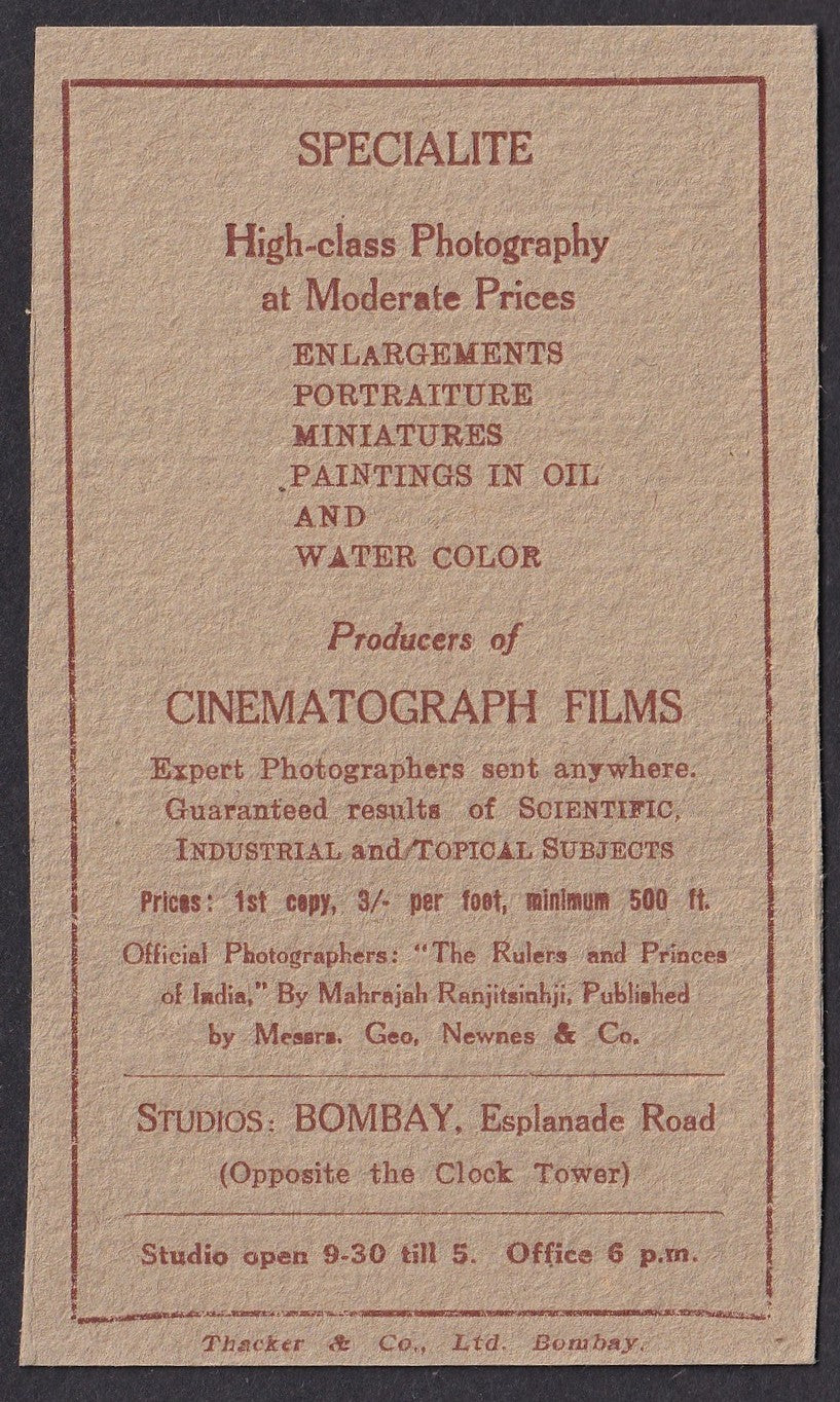 India VERNON STUDIOS Bombay vintage BROMIDE ENLARGEMENTS rate card