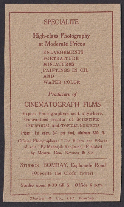 India VERNON STUDIOS Bombay vintage BROMIDE ENLARGEMENTS rate card