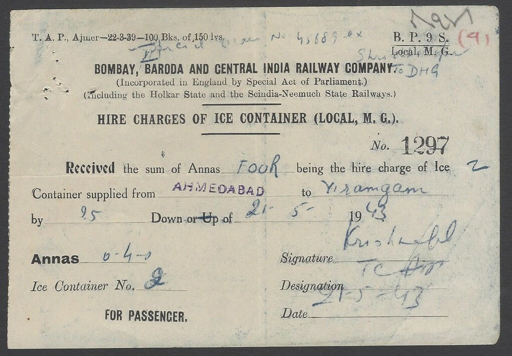 AOPIMT India 1943 BB&CI receipt for Passenger Hire charges for an Ice Container