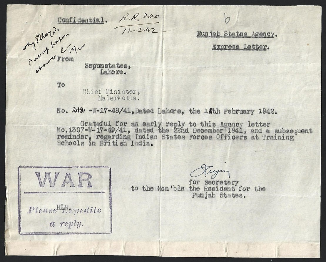 India 1941 Official Express Letter with boxed WAR - PLEASE EXPEDITE A REPLY
