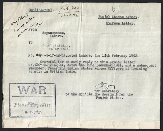 India 1941 Official Express Letter with boxed WAR - PLEASE EXPEDITE A REPLY