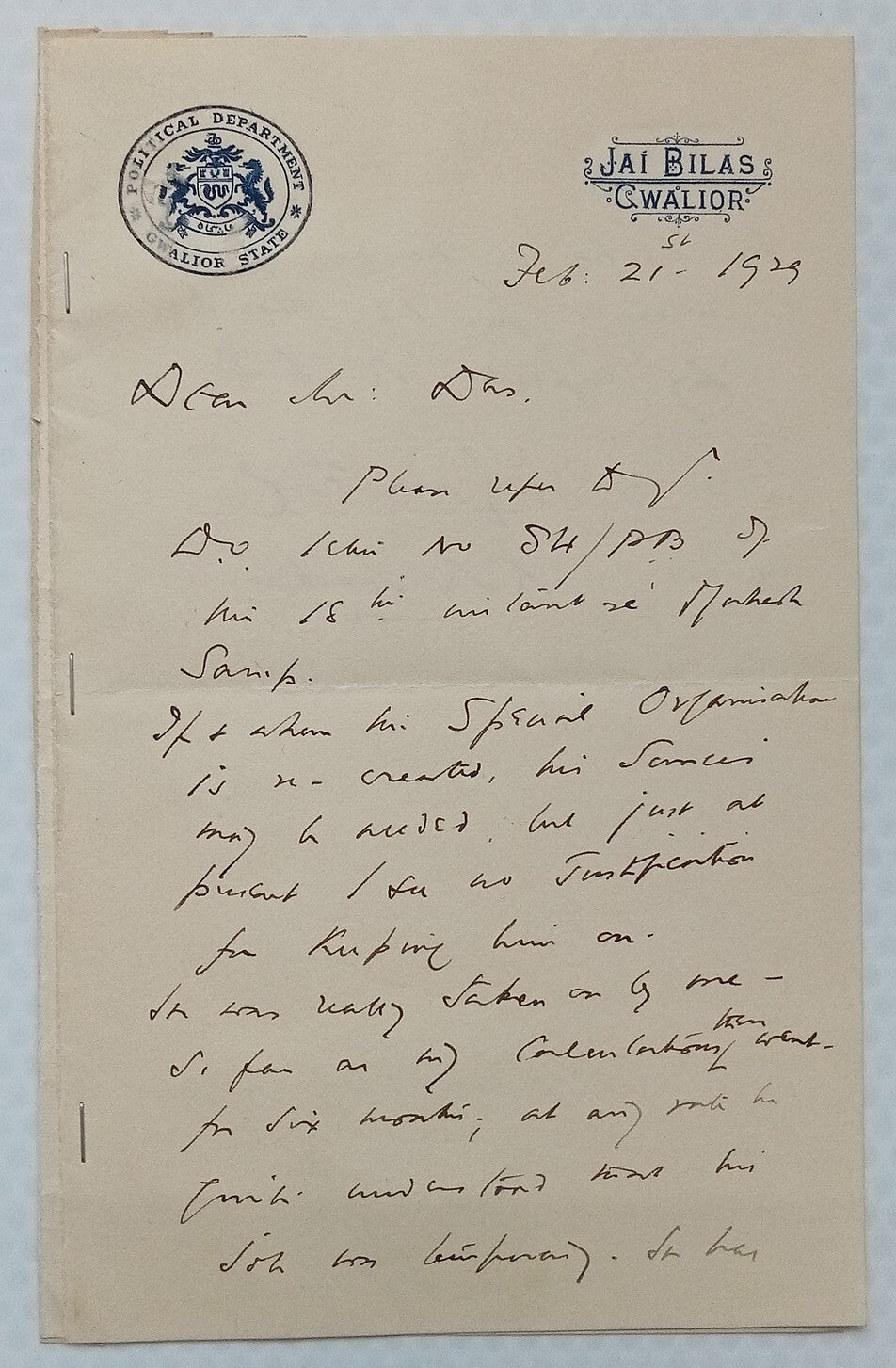 GWALIOR STATE POLITICAL DEPARTMENT crested letter 1929 India
