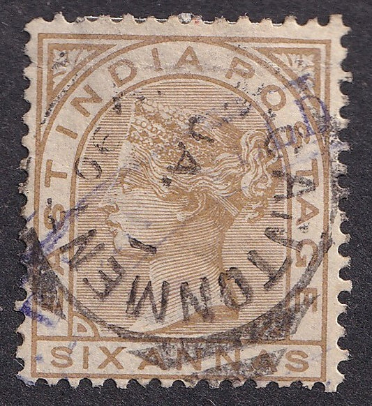 India QV 1874 6a pale brown canc. ADEN CANTONMENT squared circle Jan 1