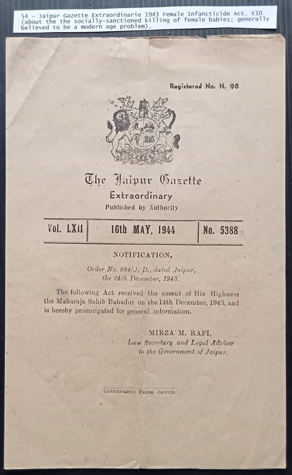 India Jaipur State 1943 Act Outlawing of the killing of Female Babies