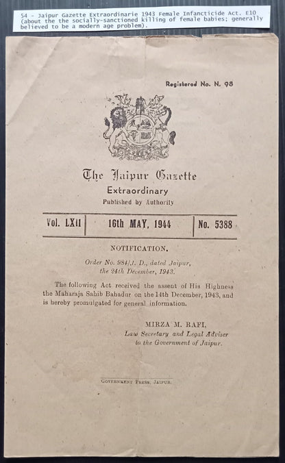 India Jaipur State 1943 Act Outlawing of the killing of Female Babies