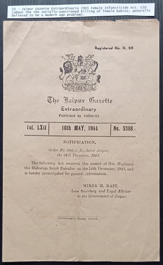 India Jaipur State 1943 Act Outlawing of the killing of Female Babies