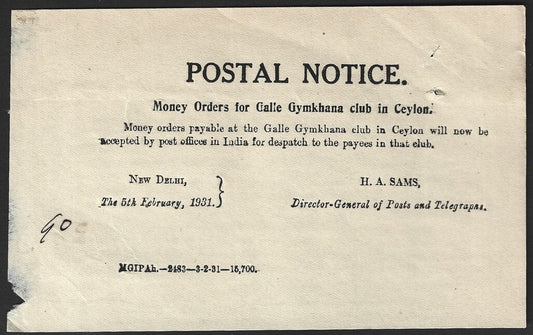 India POSTAL NOTICE 5th Feb. 1931 Money Orders for Galle Gymkhana Club in Ceylon